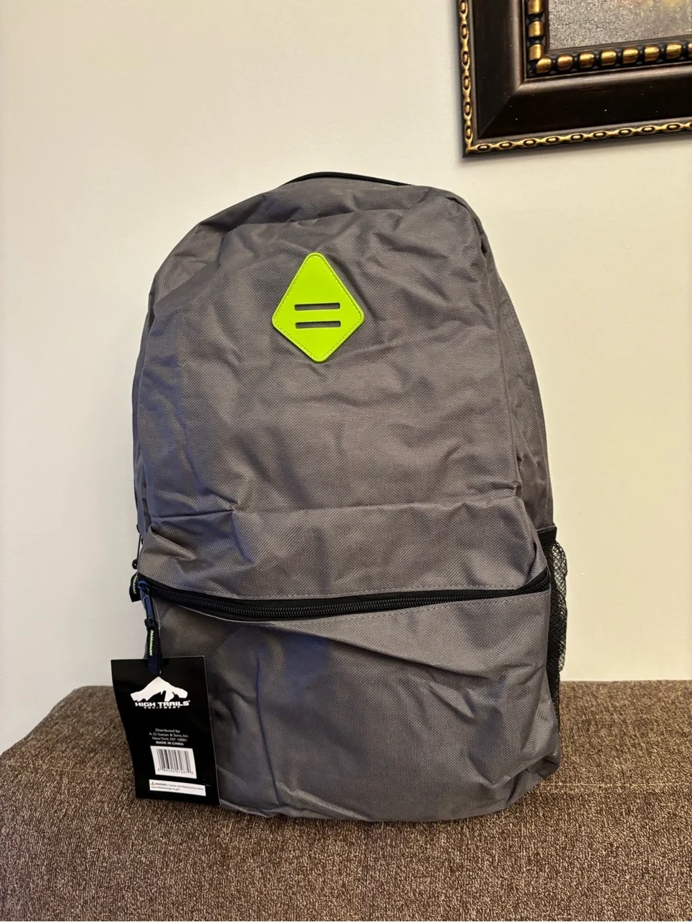Gray unisex  Backpack with Lime Accent - Casual Everyday Bag